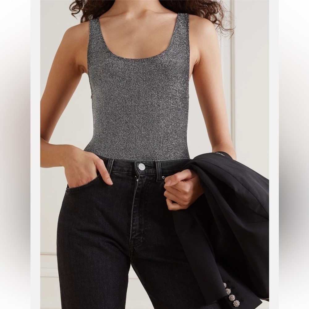 • REFORMATION • Women’s Saturn Metallic Stretch-Knit Bodysuit Silver Sparkle Sm